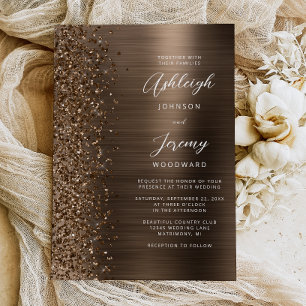 Bronze Glam Brushed Metal Glitter Wedding Invitation