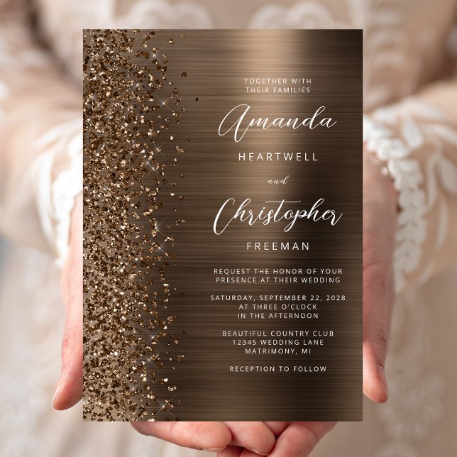 Bronze Glam Brushed Metal Glitter Wedding Invitation (Creator Uploaded)