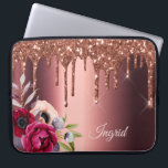 Bronze glitter drip copper florals name laptop sleeve<br><div class="desc">Faux bronze  glitter drip,  paint drip look on faux copper metallic looking background. Burgundy and pink colored Flowers. Template for Your name.  The name is written with a modern and trendy hand lettered style script.</div>