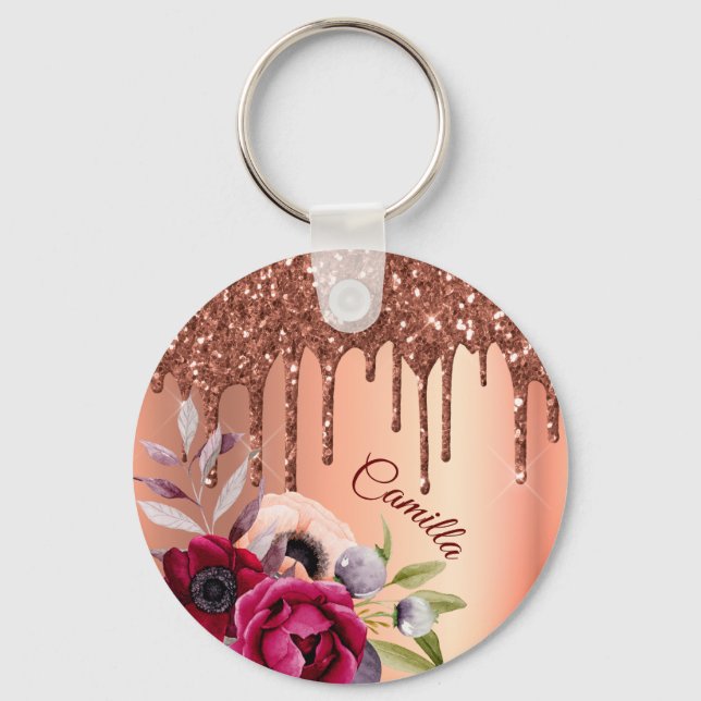 Bronze glitter drip copper flowers name key ring (Front)