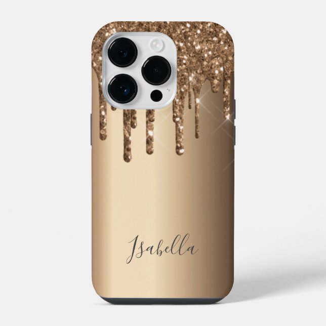 Bronze glitter drip copper monogram iPhone case (Back)