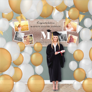 Bronze Glitter Monogram And Cap Graduation Party Banner