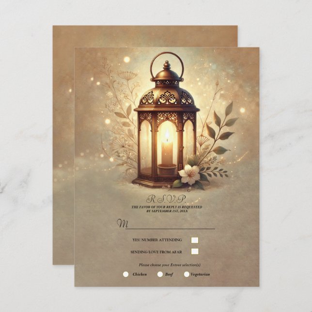 Bronze Glowing Lantern Romantic Rustic RSVP Invitation (Front/Back)