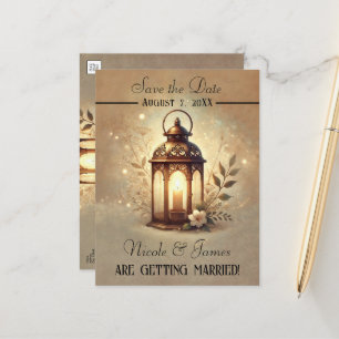Bronze Glowing Lantern Romantic Rustic Save Date Announcement Postcard