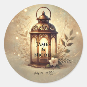 Bronze Glowing Lantern Romantic Rustic Wedding  Classic Round Sticker