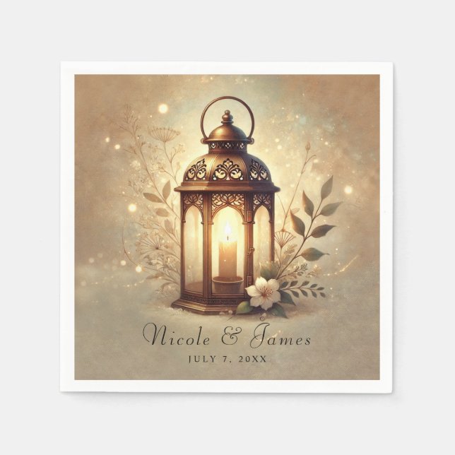 Bronze Glowing Lantern Romantic Rustic Wedding  Napkin (Front)