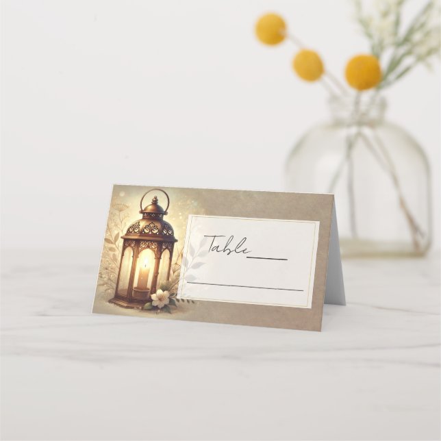 Bronze Glowing Lantern Rustic Wedding Table Place Card (Front)