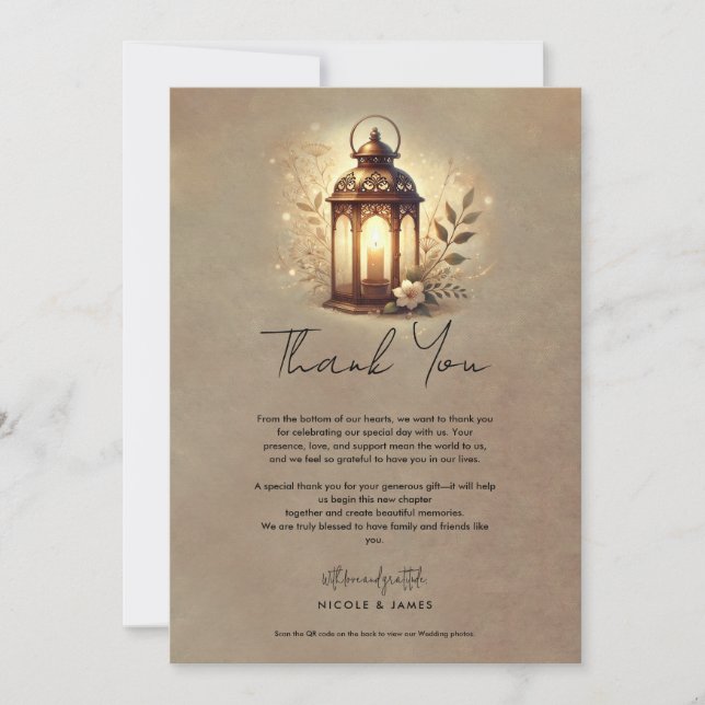 Bronze Glowing Lantern Rustic Wedding Thank You Invitation (Front)