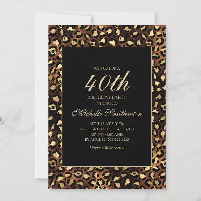 Bronze Gold Black Leopard 40th Birthday Party Invitation (Front)
