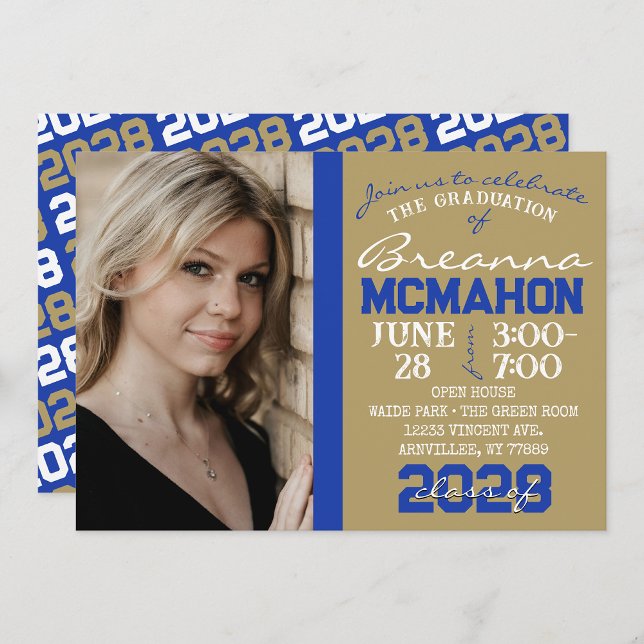 Bronze Gold & Blue Graduation Photo Invitation (1 Photo Graduation Invitation in Blue and Bronze Gold with Repeating Class Year Back)