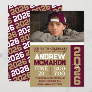 Bronze Gold & Burgundy Graduation Photo Invitation