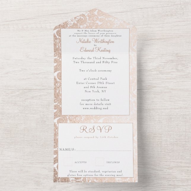 Bronze Gold Filigree Paisley Henna Wedding RSVP All In One Invitation (Inside)