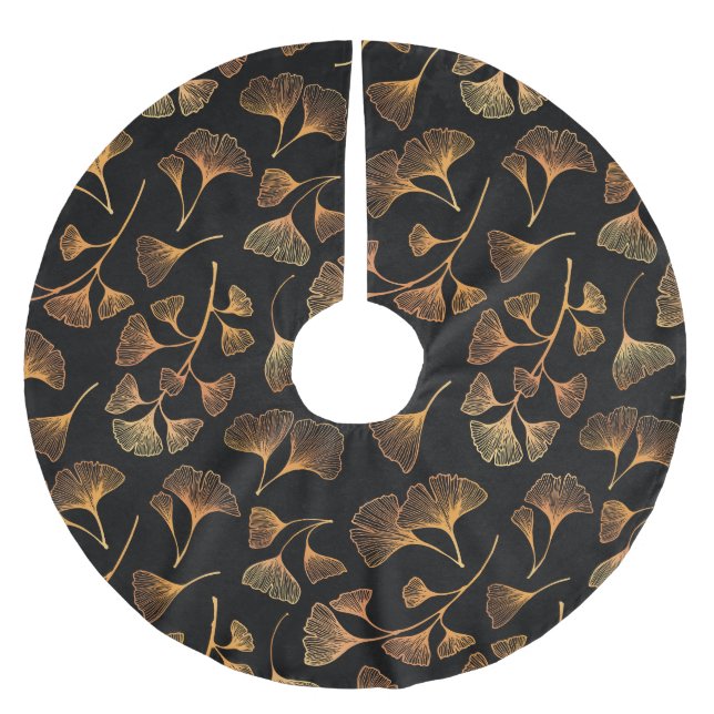 Bronze Gold Ginkgo Leaf Pattern Brushed Polyester Tree Skirt (Front)