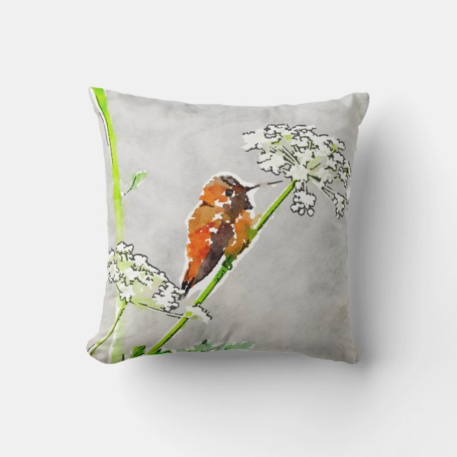 Bronze,gold green hummingbird & white flowers grey cushion (Front)