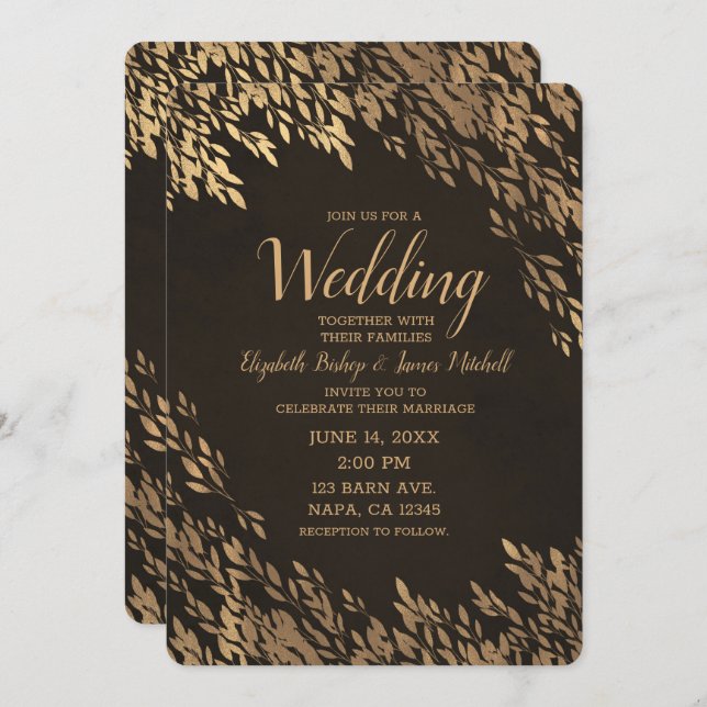 Bronze Gold Leaves Brown Chic Rustic Wedding Invitation (Front/Back)