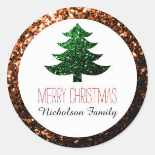 Bronze + Green Christmas tree sparkles Gift Tag