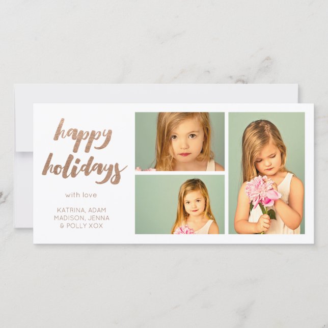 Bronze Happy Holidays White 3 Frame Photocard Holiday Card (Front)