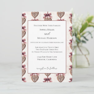 Bronze Hearts Red Bows Wedding Invitation