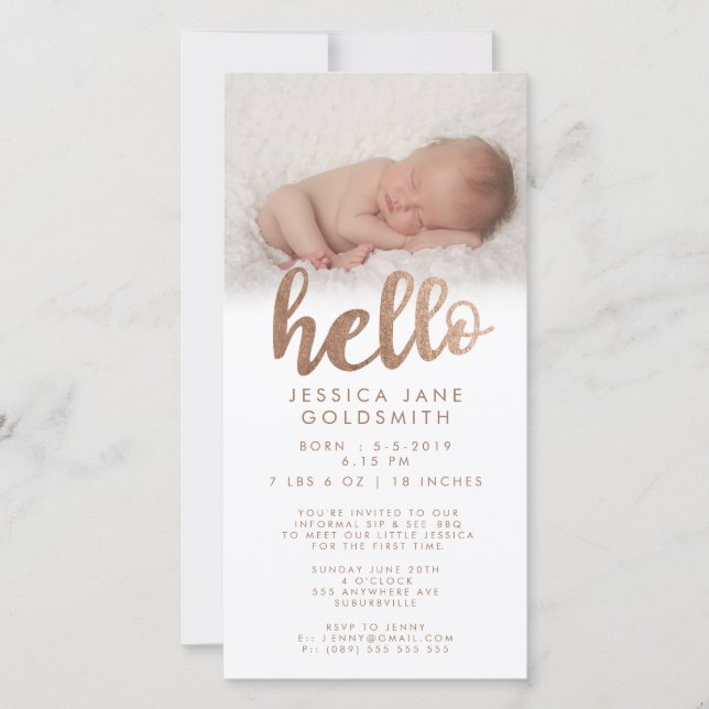 Bronze Hello Birth Announcement Sip & See (Front)