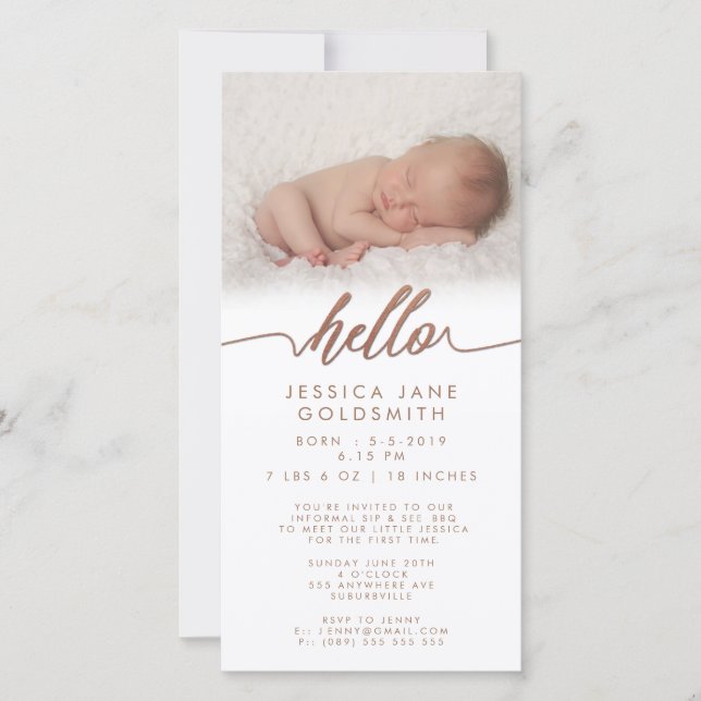 Bronze Hello Birth Announcement Sip & See (Front)