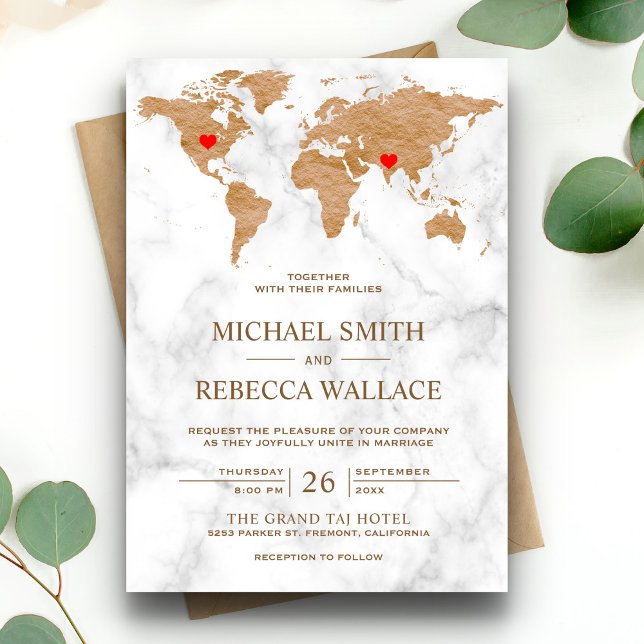 Bronze Marble World Map Traveling Hearts Wedding Invitation (Creator Uploaded)