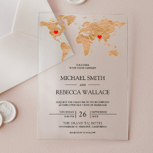 Bronze Marble World Map Travelling Hearts Wedding Acrylic Invitations