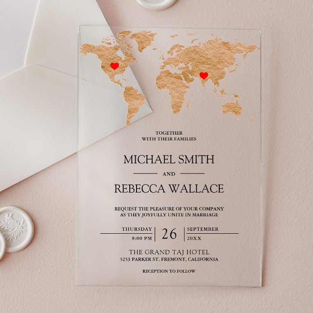 Bronze Marble World Map Travelling Hearts Wedding Acrylic Invitations (Creator Uploaded)
