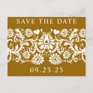 Bronze Mist Rich Caramel and White Damask Announcement Postcard
