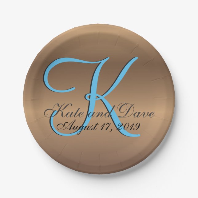 Bronze Monogram 🔑 Stylish Pecan  Paper Plate (Front)