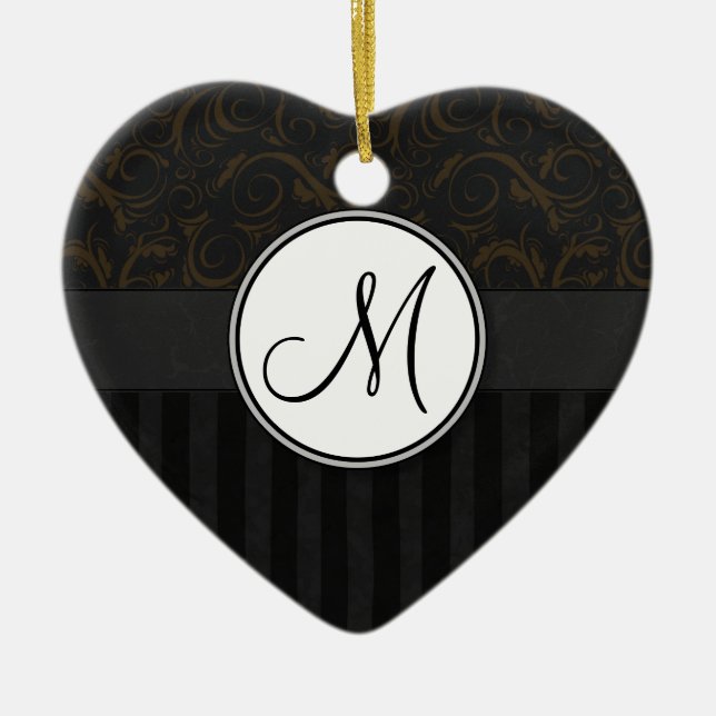 Bronze on Black Floral Wisps, Stripes & Monogram Ceramic Tree Decoration (Front)
