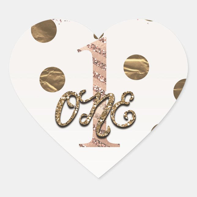 Bronze Polka Dots Rose Gold ONE 1 1st Birthday Heart Sticker (Front)