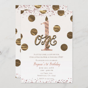 Bronze Polka Dots Rose Gold ONE 1 1st Birthday Invitation
