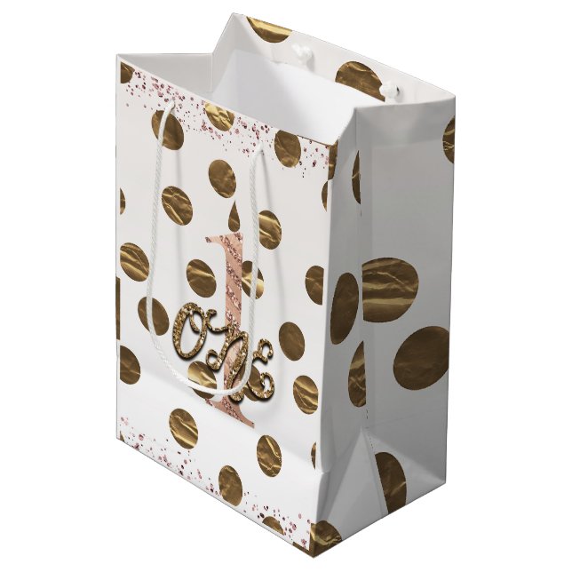 Bronze Polka Dots Rose Gold ONE 1 1st Birthday Medium Gift Bag (Front Angled)