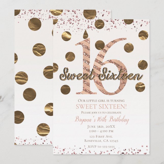 Bronze Polka Dots Rose Gold Sweet 16 Birthday Invitation (Front/Back)