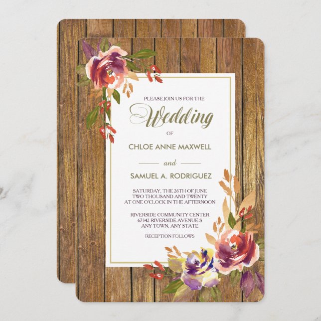 Bronze Rose Warm Wood Wedding Invitation (Front/Back)