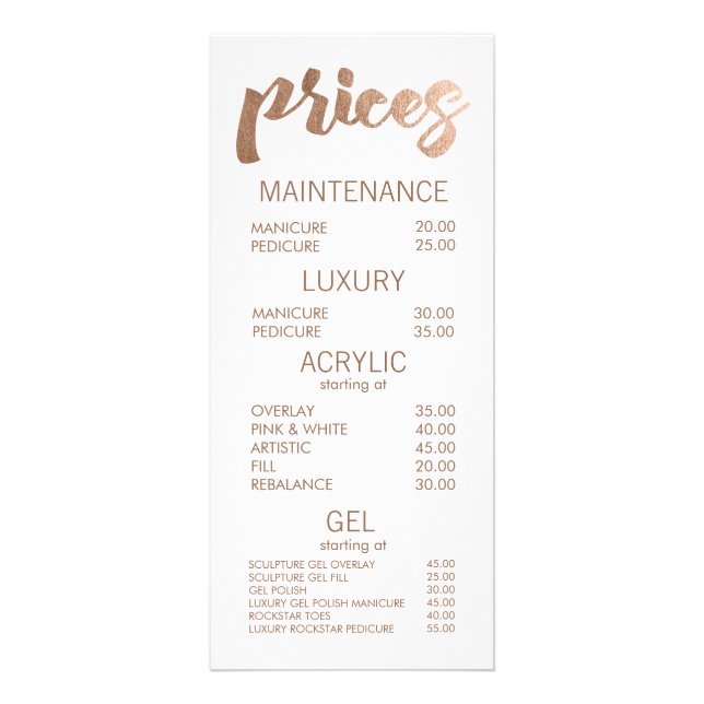 Bronze Salon Retail Menu Price List Template Cards (Front)