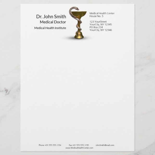 Bronze Snake Bowl Medical Hygieia White Caduceus Custom Letterhead (Front)