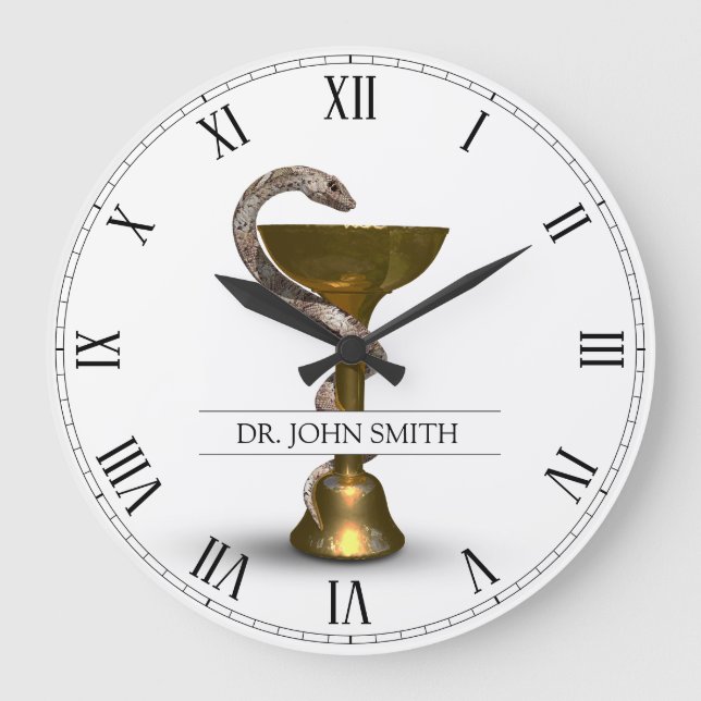 Bronze Snake Medical Bowl Hygieia White Name Large Clock (Front)