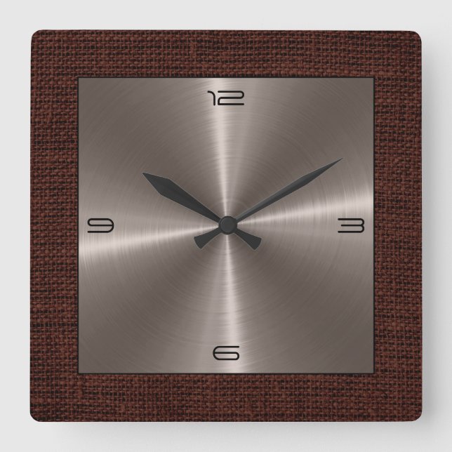 Bronze Stainless Steel Modern Burlap Border Square Wall Clock (Front)