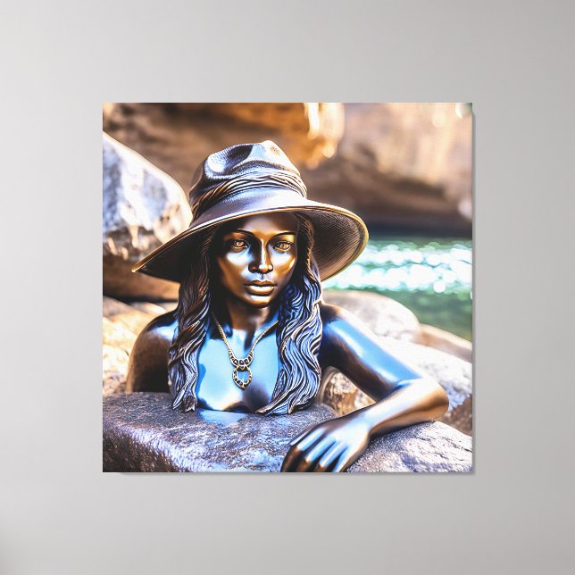 Bronze statue of a black woman with a hat in stone canvas print (Front)