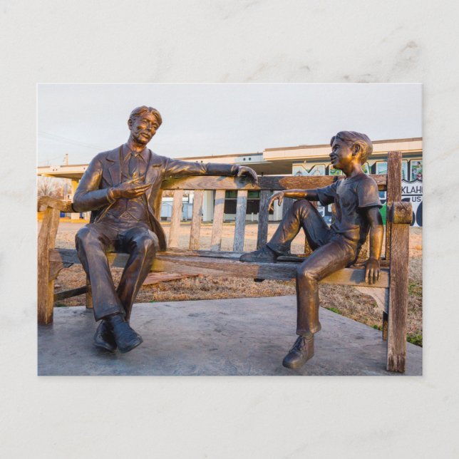 Bronze statue of young and older talking postcard (Front)