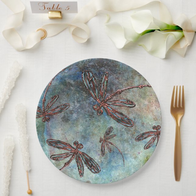 Bronze Tipped Dragonflies on a Magical Sky Paper Plate (Wedding)
