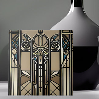 Bronze Tone and Blue Art Deco Geometric Tile