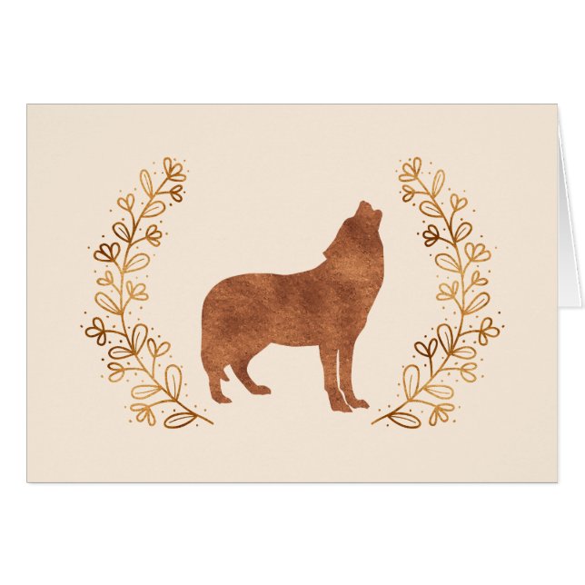 Bronze Wolf and Leaf Wreath Note Card (Front Horizontal)