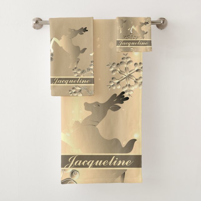 Bronzy colour Holiday Reindeer Snowflakes Bath Towel Set (Insitu)