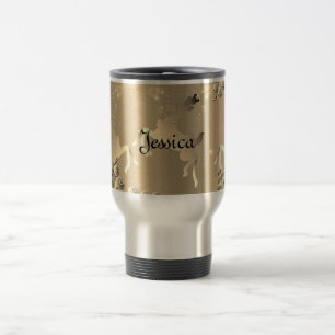 Bronzy Reindeer and Snowflakes Name Travel Mug