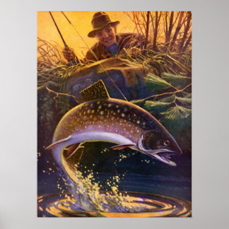 Brook Trout Fish Fisherman, Vintage Sports Fishing Poster