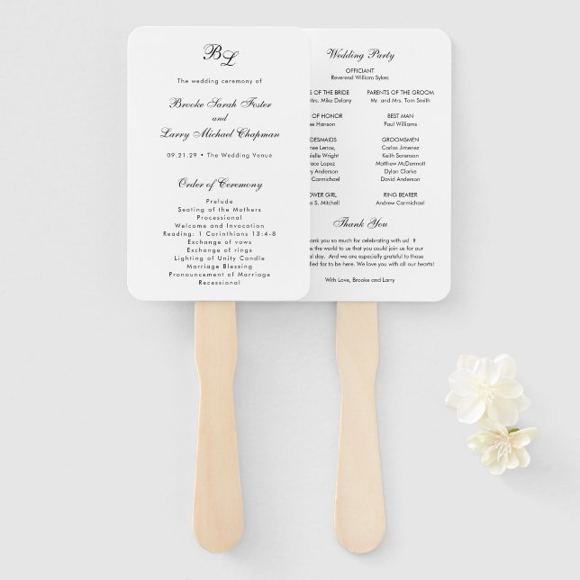 Brooke Classic Script Elegant Wedding Program Hand Fan (Front and Back)