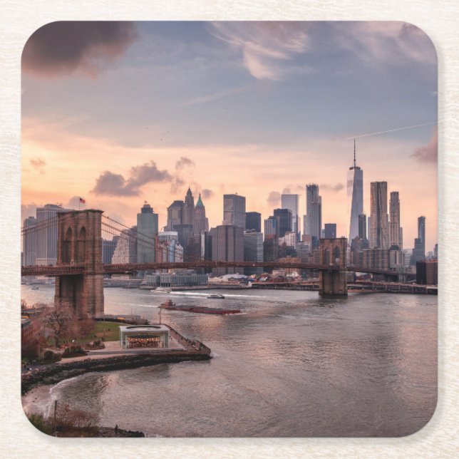 Brooklyn Bridge and Lower Manhattan Square Paper Coaster (Front)