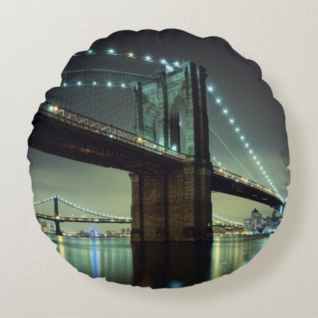 Brooklyn Bridge at night  Manhattan Bridge Round Cushion (Front)